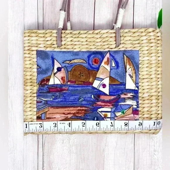 Sun & Sand Sailboats Straw Purse Embellished Sequins Paul Brent Wearable Art - Picture 4 of 11